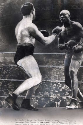 The Tommy Burns v Jack Johnson world heavyweight title contest at the Sydney Stadium on December 26, 1908.