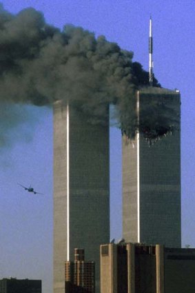 The World Trade Center towers, September 11 2001, shortly before the second hijacked passenger jet hit the south tower.