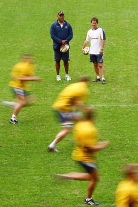 Tough week ... coaches Jim Williams and Robbie Deans keep a close eye on Wallabies training in Brisbane yesterday.