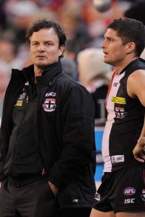 St Kilda's coach Scott Watters with Leigh Montagna.