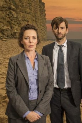 Olivia Colman as D.S. Ellie Miller and David Tennant as D.I Alec Hardy  at the cliff face during  the new series of <i>Broadchurch</i>. 