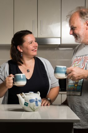 Serina Bird with her husband Neil Hadley at home in Turner. Sharing a teabag is just one of her thrifty habits.