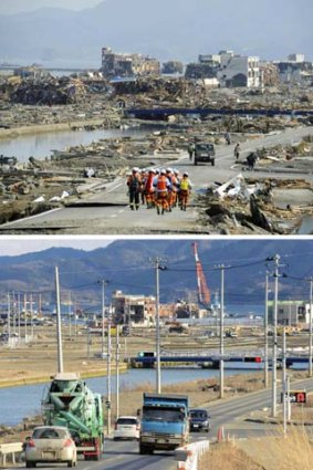 This combination photo shows a view of Minamisanriku, Miyagi prefecture, on March 13, 2011, top, and on March 2, 2013.