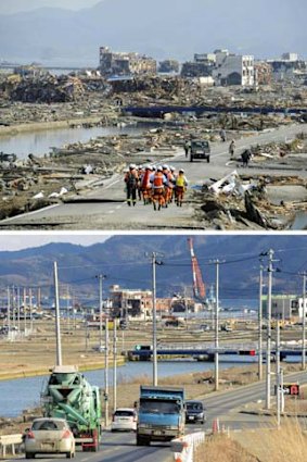 This combination photo shows a view of Minamisanriku, Miyagi prefecture, on March 13, 2011, top, and on March 2, 2013.