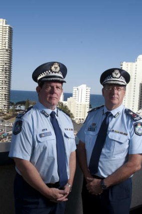 Commissioner Ian Stewart (right) beside Deputy Commissioner Brett Pointing (left) who will now lead a Statewide taskforce to take down criminal gangs in Queensland pose for a portrait on the Gold Coast.