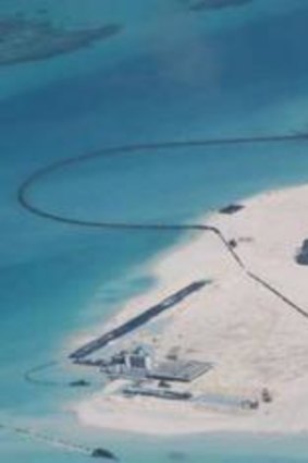 A photo released by the Philippines foreign ministry taken on February 25 showing what Manila says are expanded structures on Johnson South Reef in the South China Sea, which is held by China.