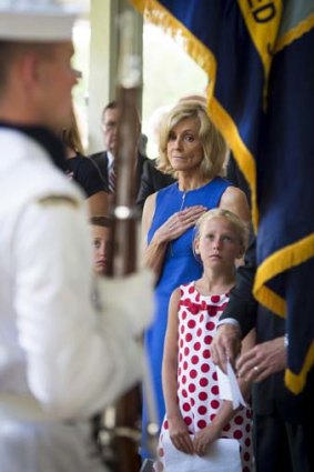 Hero &#8230; Armstrong's widow, Carol, and granddaughter, Piper Van Wagenen, during the service.