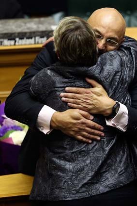 Success: Greens MP Kevin Hague is congratulated by Labor MP Ruth Dyson.