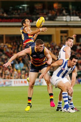 Adelaide's  Eddie Betts flies for a mark as the Crows beat North Melbourne at Adelaide Oval.