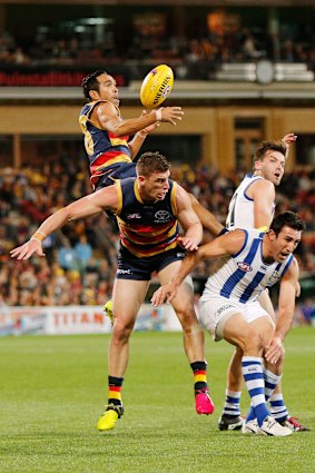 Adelaide's  Eddie Betts flies for a mark as the Crows beat North Melbourne at Adelaide Oval.