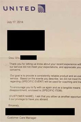 United Airlines may have accidentally posted this letter template to a passenger.