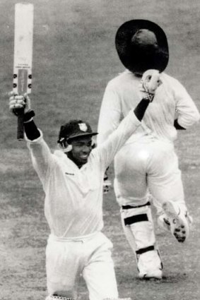 Momentous day ... Brian Lara celebrates his first Test century at the SCG in 1993.