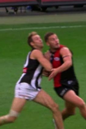 <b>Anzac Day: Essendon v Collingwood, MCG, third quarter, three minutes remaining.</b> Ben Reid pushes Tom Bellchambers in the side and chest seemingly with some force and a full straightening of his arms before taking a mark deep in defence. Paid a  free kick against Reid for pushing, and the decision is endorsed by Gieschen.