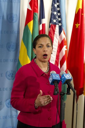 Susan Rice ... US Ambassador to the UN speaks to reporters after a meeting in the Security Council on Syria.