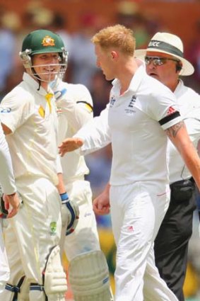 Brad Haddin and Ben Stokes exchange words after the batsman survived due to a no-ball.