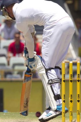 Stuart Broad is hit by Mitchell Johnson's wicket-taking ball.