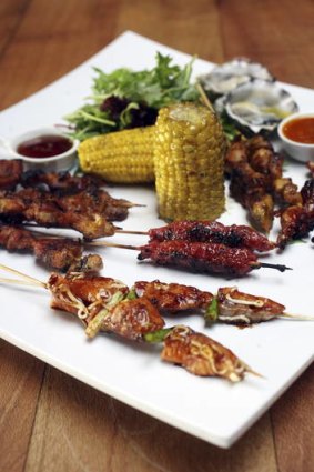 Recommended ... charcoal skewers with grilled corn cobs.