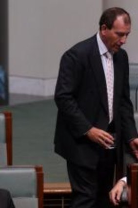 Mal Brough offers a glass of water to Clive Palmer during question time.