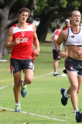Blooded: New Swan Kurt Tippett at his first training session with his new club.