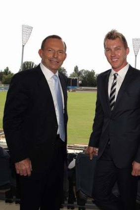 Prime Minister Tony Abbott and Brett Lee at Manuka Oval.