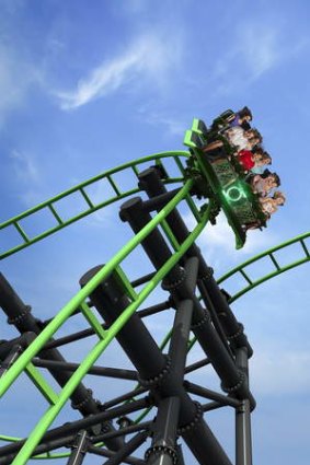 The Green Lantern roller coaster in action at Movie World.