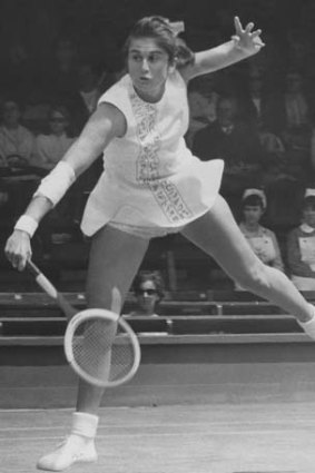 Judy Dalton (Tegart) makes a return during a women's singles match at Wimbledon in 1968.