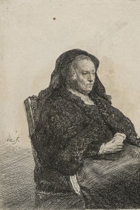 Rembrandt Harmensz. van Rijn, 
The artist's mother, seated at a table: Looking right: etching, National Gallery of Victoria