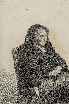 Rembrandt Harmensz. van Rijn, 
The artist's mother, seated at a table: Looking right: etching, National Gallery of Victoria