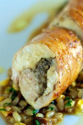 Rolled de-boned spatchcock, mushrooms, sweetcorn and barley.