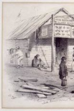 John Alloo's<i> Chinese Restaurant</i>, Ballarat, 1855, lithograph by S. T. Gill.