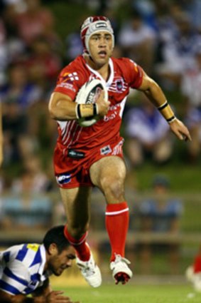 Jamie Soward  runs the ball during the NRL trial match between the St George Illawarra Dragons and the Canterbury Bulldogs last night.