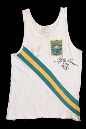 Peter Norman's Australian running uniform from the 1968 Olympics. Singlet endorsed "Peter Norman, 200m, Mexico 1968".