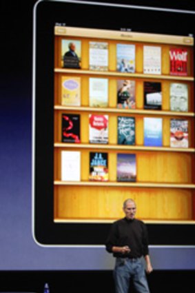 Apple CEO Steve Jobs shows off iBooks at the iPad launch.