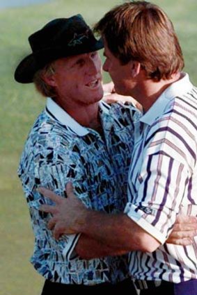 Greg Norman and Nick Faldo after the 1996 Masters. Faldo came from six strokes behind to win his third green jacket.