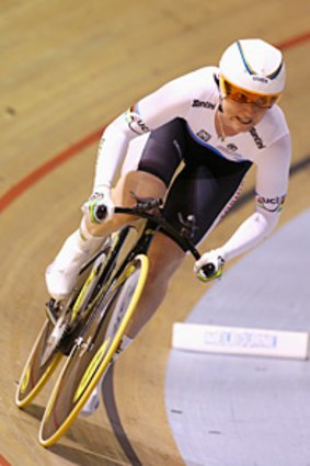 Australia’s Anna Meares charges to the line to win the 500-metre time trial last night.