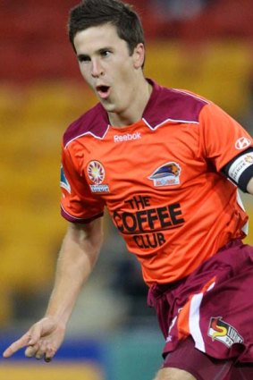 Matt McKay of the Roar celebrates after his match-winning goal against Sydney FC.