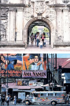 Top: Intramuros, the 16th-century walled city. Bottom: a cheap ride by jeepney