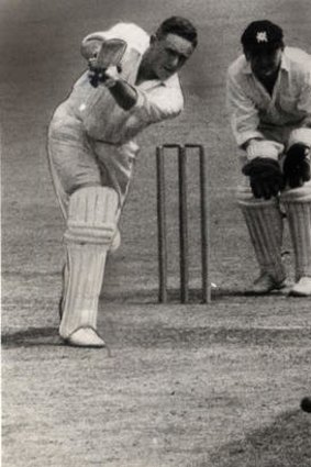 Former Australian all-rounder Alan Davidson unleashes a cover drive during his playing days.