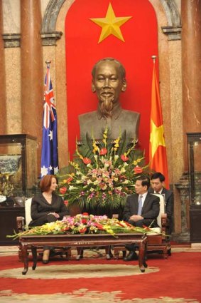 Blossoming diplomacy ... Julia Gillard and the President of Vietnam, Nguyen Minh Triet, in Hanoi yesterday.