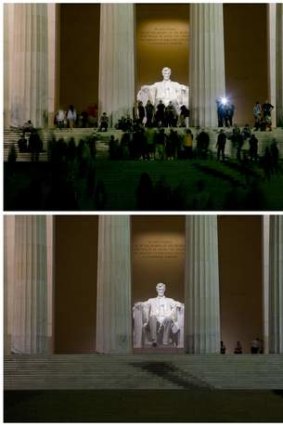 Before and after: The Lincoln Memorial after sunset on September 29 (top), with dozens of tourists visiting, and October 1 (bottom), with just a handful of US Park Police after it was sealed off from visitors.