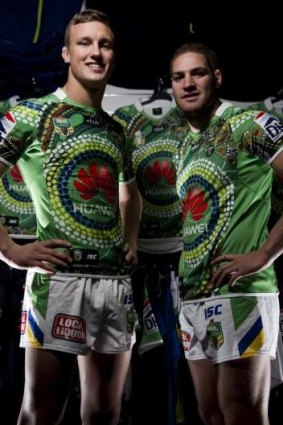 Jack Wighton, left, and Brenko Lee model Canberra's indigenous round jersey.