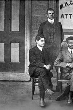 South Africa, 1903: Gandhi (centre) with staff, including Sonja Schlesin and (front left) his clerk, Henry S. L. Polak.