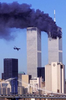 Hijacked United Airlines Flight 175 nears the south tower of the World Trade Center.