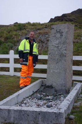 Colin Corkill, a Shackleton admirer since he was a boy, at the explorers's grave at South Georgia in the southern Atlantic Ocean.