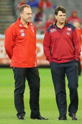 Rival coaches John Longmire of Sydney and Paul Roos of Melbourne before the start of the match.