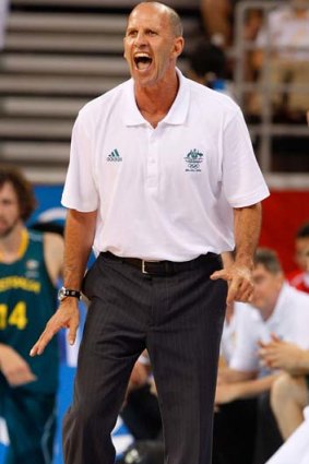Court marshal ... former Sydney Kings coach Brian Goorjian, pictured urging on the Boomers at the 2008 Olympics in Beijing, is now based in China full-time, coaching the Dongguan Leopards.