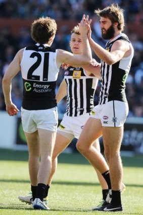 Justin Westhoff celebrates a goal.