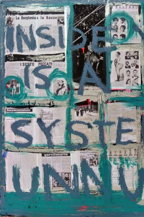 System 2019, oil pastel, acrylic paint, paper, glue, wood and pencil.