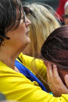 Emotional: Leonie Sheedy, left, from The Care Leavers Australia Network comforts a former Ward of the State.