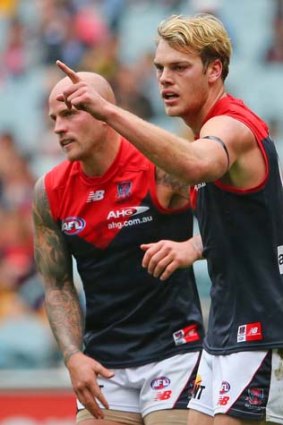 Jack Watts (right) and Nathan Jones during the game against Richmond.